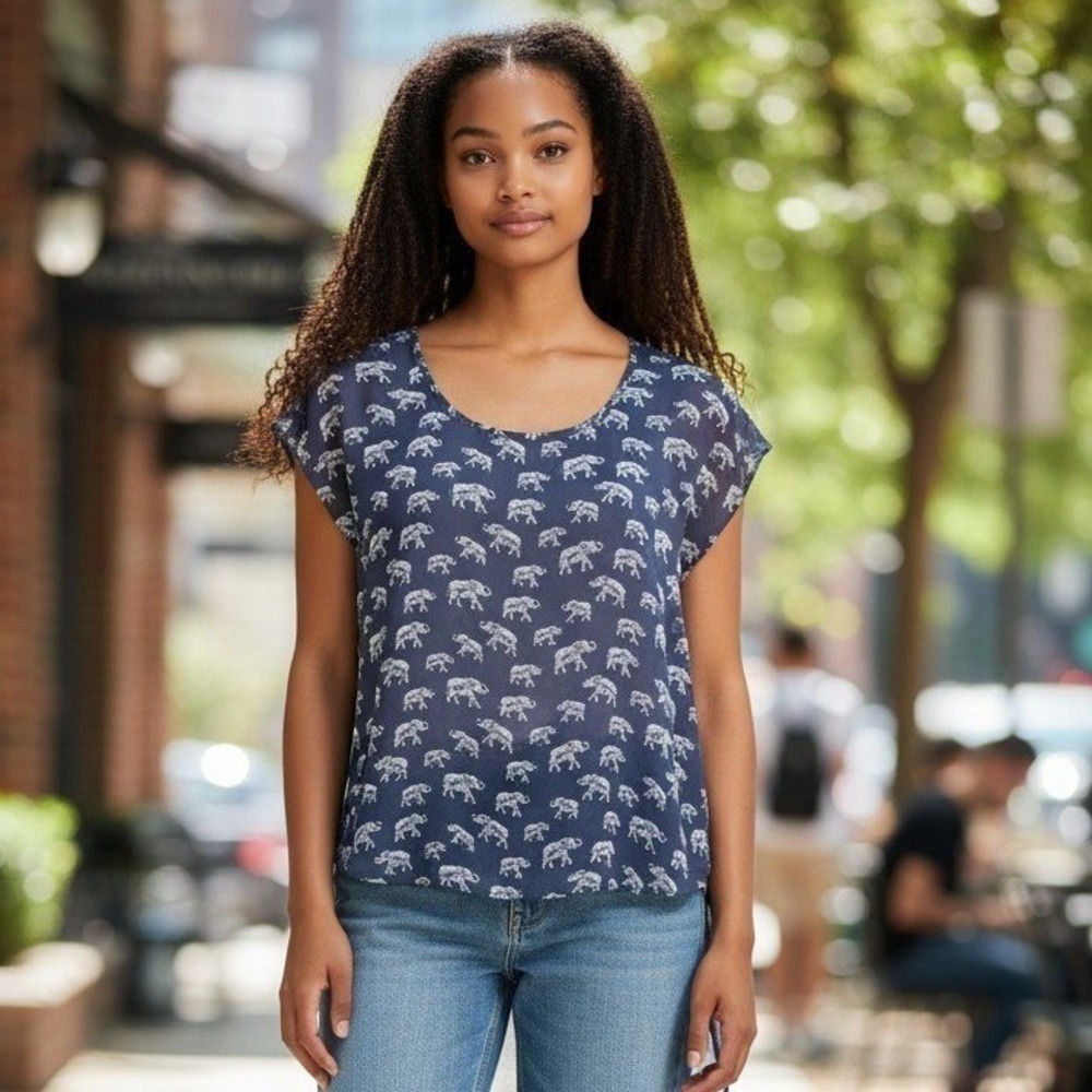 C Navy Blue Elephant Print Chiffon Blouse Cap Sleeve High Low Hem Top Small